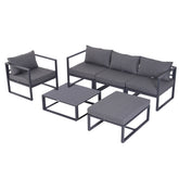Kozy 6 PCs Outdoor Indoor Sectional Sofa Set Thick Padded Cushions Aluminium Frame 5 Seaters 1 Coffee Table Footrest Grey