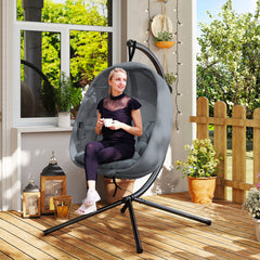 Kozy Hanging Egg Chair, Folding Texteline Swing Hammock with Side Pocket, Cushion and Stand for Indoor Outdoor, Patio Garden Furniture, Grey