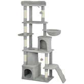 Kozy 170 cm Large Cat Tree, Cat Tower with 7 Scratching Posts, Tunnel, 2 Condos, Hammock, Perch, Ramp, Pompoms, Light Grey
