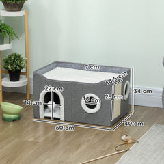 Kozy - Cat Bed for Indoor Pets, Foldable Cat House with Fluffy Ball and Scratch Pad for Small and Medium Pets, Grey
