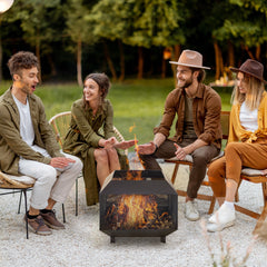 Outsunny Outdoor Fire Pit: Stylish Centrepiece for Alfresco Evenings, Mesh Design with Lid, Log Grate & Poker, Black | Aosom UK