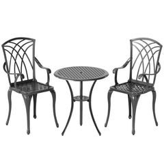Kozy 3 Pieces Garden Dining Set for 2, Cast Aluminium Outdoor Dining Set with 2 Armchairs and Round Dining Table with Parasol Hole, Garden Furniture Set, Brown
