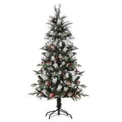 Kozy 5FT Artificial Snow Dipped Christmas Tree Xmas Pencil Tree Holiday Home Party Decoration with Foldable Feet Red Berries White Pinecones, Green