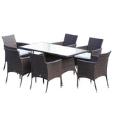 Kozy 6 Seater Rattan Dining Set with Cushions, Rattan Garden Furniture Set with 6 Armchairs, Rectangular Glass Top Table, Outdoor Dining Table and Chairs, Brown