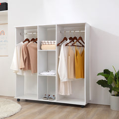 Kozy Open Wardrobe Double Mobile Storage Shelves Organizer W/6 Wheels-White