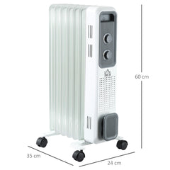 Kozy 1500W Oil Filled Radiator, 7 Fin, Portable Electric Heater with 3 Heat Settings, Safety Cut-Off and Wheels, White