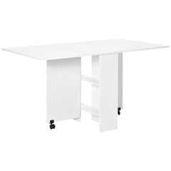 Kozy Folding Dining Table, Drop Leaf Table with 2-Tier Shelves, Rolling Casters, for Small Spaces, Kitchen, White