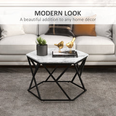 Kozy Hexagonal Coffee Table with High Gloss Marble Effect Table Top, Modern Cocktail Table with Steel Frame for Living Room, White