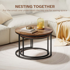 Kozy Coffee Table Set of 2, Round Nest of Tables with Metal Frame, Modern Side Tables for Living Room, Rustic Brown