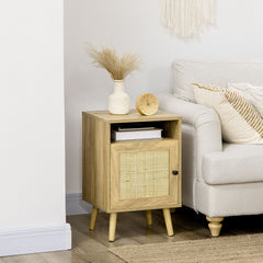 Kozy Bedside Table with Rattan Element, Side End Table with Shelf and Cupboard, 39cmx35cmx60cm, Natural