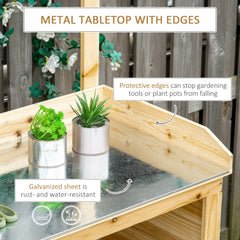 Kozy Garden Potting Bench Table, Wooden Workstation Bench w/ Galvanized Metal Tabletop, Storage Shelves and Hooks, Natural