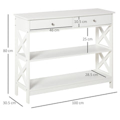 Kozy Console Table Side Desk w/ Shelves Drawers Open Top X Support Frame Living Room Hallway Home Office Furniture White