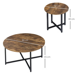 Kozy Round Coffee Table, Set of 2 Side Table with Metal Frame, Industrial End Table for Living Room Bedroom, Rustic Brown