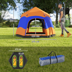 Kozy Six Man Hexagon Camping Tent with Hang Hook and Carry Bag - Orange and Blue
