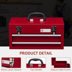 DURHAND Metal Tool Box with Lock, 2 Drawer Chest, Latches, Ball Bearing Runners, Portable, Red | Aosom UK