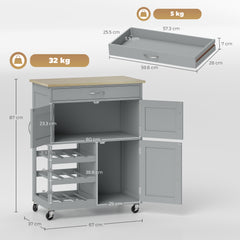 Kozy Modern Kitchen Trolley, Rolling Island Storage Cart with Drawer, 9-bottle Wine Rack, Door Cabinets, Wooden Countertop, Grey