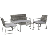Kozy 4PC Rattan Garden Furniture Set 2 Single Sofa Arm Chairs 1 Bench with Cushions & Coffee Table Patio Backyard Wicker Weave