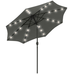 Outsunny Waterproof Patio Parasol with LED Lights, 2.7m Garden Umbrella in Grey, Push Button Tilt/Crank, 8 Rib Sun Shade for Outdoor Tables | Aosom UK