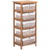 Kozy 5 Drawer Dresser Wicker Basket Storage Shelf Unit Wooden Frame Home Organisation Cabinet Bedroom Office Furniture Natural Finish