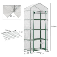 Kozy 4 Tier Mini Greenhouse, Portable Compact Green House with Steel Frame, PE Cover, Roll-up Door, 70 x 50 x 160 cm, White