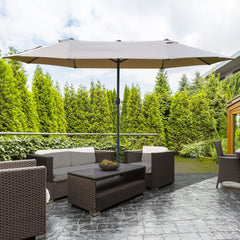 Outsunny Waterproof 4.6m Garden Parasol Double-Sided Sun Umbrella Patio Market Shelter Canopy Shade Outdoor with Cross Base – Khaki | Aosom UK