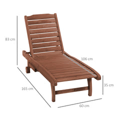 Kozy Outdoor Wooden Lounger Chair, Sun Bed with Built-In Table, Adjustable Backrest and Wheels, Red Brown