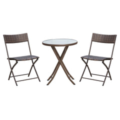 Outsunny Rattan Bistro Set 2-Seater Garden Furniture Folding Rattan Chair Glass Topped Coffee Table Patio Balcony Wicker Furniture, Brown | Aosom UK