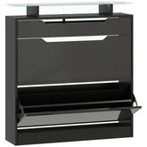 Kozy - Shoe Storage Cabinet with Slide Out Drawer, 2 Flip Doors, Tempered Glass Top - Black