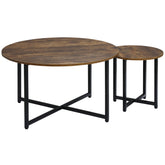Kozy Round Coffee Table, Set of 2 Side Table with Metal Frame, Industrial End Table for Living Room Bedroom, Rustic Brown