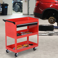 Kozy 3-Tier Tool Trolley Cart Storage Shelf Roller Cabinet DIY Box Garage Workshop with Drawer Red