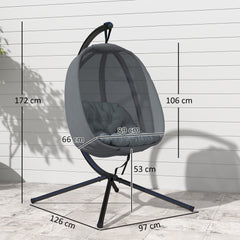 Kozy Hanging Egg Chair, Folding Texteline Swing Hammock with Side Pocket, Cushion and Stand for Indoor Outdoor, Patio Garden Furniture, Grey