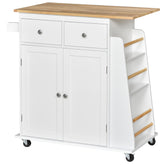 Kozy Kitchen Island on Wheels, Mobile Storage Trolley, Rolling Kitchen Cart with Rubber Wood Top, 2-Door Cabinets, 2 Drawers, Adjustable Shelf, 3-Tier Spice Rack, Drawers