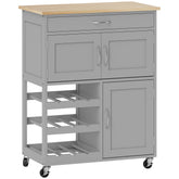 Kozy Modern Kitchen Trolley, Rolling Island Storage Cart with Drawer, 9-bottle Wine Rack, Door Cabinets, Wooden Countertop, Grey