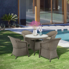 Kozy 4 Seater Rattan Garden Furniture Set with Cushions, Round PE Rattan Dining Set with Glass-Top Table, Umbrella Hole, Outdoor Garden Table and Chairs, Mixed Grey