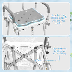 Kozy - EVA Padded Shower Chair for the Elderly and Disabled, Height Adjustable Shower Stool with Back and Arms, 4 Suction Foot Pads, Light Grey