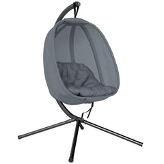 Kozy Hanging Egg Chair, Folding Texteline Swing Hammock with Side Pocket, Cushion and Stand for Indoor Outdoor, Patio Garden Furniture, Grey