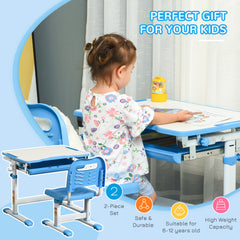 Kozy Kids Desk and Chair Set, Height Adjustable Student Writing Desk, Children School Study Table with Tiltable Desktop, Drawer, Pen Slot, Hook - Blue