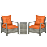 Kozy 3 Pieces Rattan Bistro Set, Wicker Garden Furniture Set with Storage Coffee Table and Chairs, Thickened Cushions for Outdoor, Patio, Balcony, Orange