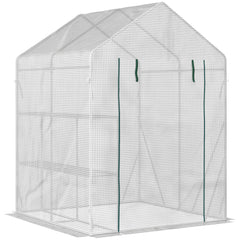 Outsunny Walk-In Greenhouse Portable Gardening Plant Grow House with 2 Tier Shelf, Roll-Up Zippered Door and PE Cover, 143 x 143 x 195 cm | Aosom UK