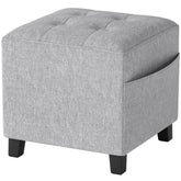 Kozy - Square Footstool, Small Ottoman with Side Pocket, Linen Fabric Footrest Foot Stool with Rubber Wood Legs and Padded Seat for Living Room, Bedroom, Entryway, 35 x 35 x 35cm, Light Grey