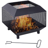 Kozy Metal Square Fire Pit Outdoor Mesh Firepit Brazier w/ Lid, Log Grate, Poker for Backyard, Camping, Bonfire, Wood Burning Stove, 44 x 44 x 40cm, Black