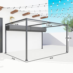 Kozy 4 x 3(m) Metal Outdoor Pergola with Retractable Roof, Outdoor Gazebo with Drainage Holes for Garden, Patio, Lawn, Grey