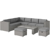 Kozy 6 Pieces Outdoor PE Rattan Wicker Corner Sofa Set with 10cm Thick Padded Cushions, Aluminium Conservatory Furniture with Glass Top Coffee Table, Footstools, Grey