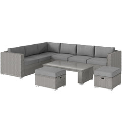 Kozy 6 Pieces Outdoor PE Rattan Wicker Corner Sofa Set with 10cm Thick Padded Cushions, Aluminium Conservatory Furniture with Glass Top Coffee Table, Footstools, Grey