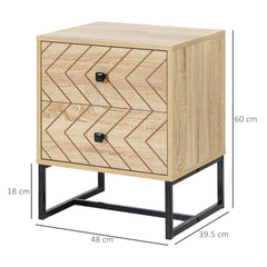 Kozy Bedside Table Nightstand Two-Drawer Bedroom Storage Unit Zig Zag Design with Black Metal Handles, Natural
