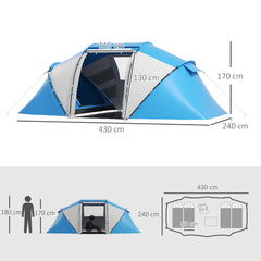 Kozy 4-6 Man Camping Tent w/ Two Bedroom, Hiking Sun Shelter, UV Protection Tunnel Tent, Blue and White