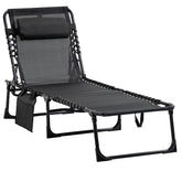 Kozy Portable Sun Lounger, Folding Camping Bed Cot, Reclining Lounge Chair 5-position Adjustable Backrest with Side Pocket, Pillow for Patio Garden Beach Pool, Black