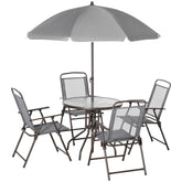 Kozy 6 Piece Garden Dining Set with Umbrella, Outdoor Dining Sets with Parasol, 4 Folding Dining Chairs & Round Tempered Glass Table, Grey