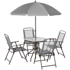 Kozy 6 Piece Garden Dining Set with Umbrella, Outdoor Dining Sets with Parasol, 4 Folding Dining Chairs & Round Tempered Glass Table, Grey