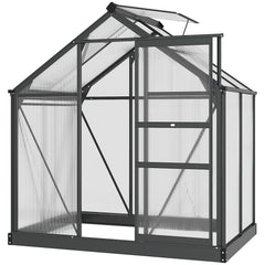 Kozy 6 x 4ft Polycarbonate Greenhouse, Large Walk-In Green House with Slide Door and Window, Garden Plants Grow House with Aluminium Frame and Foundation, Grey
